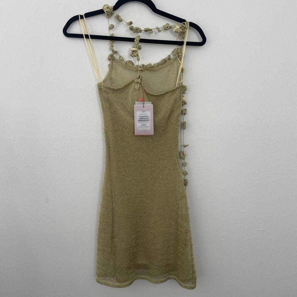 Cult Gaia Alonza Knit Dress Gold metallic crochet Mini Resort XS  $598msrp - Picture 14 of 15